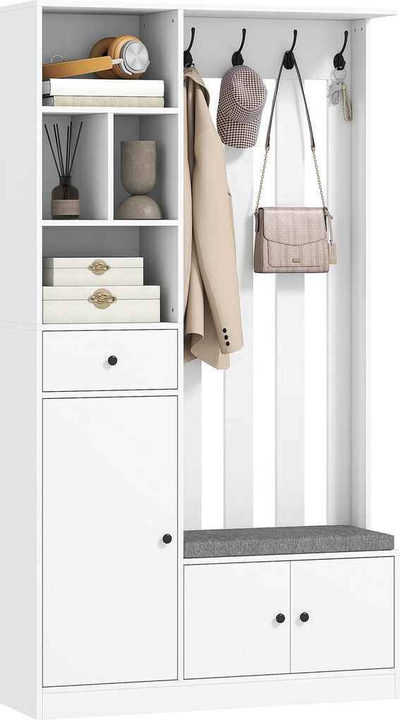 HOMCOM Dulap pentru hol 180 cm cu suport pentru haine, bancă pentru încălțăminte, 4 cârlige, polițe deschise, MDF, Alb | Aosom Romania