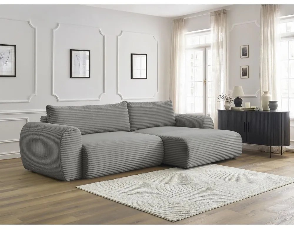 Colțar gri închis extensibil cu tapițerie din catifea reiată (cu colț pe partea dreaptă) Lucien – Bobochic Paris