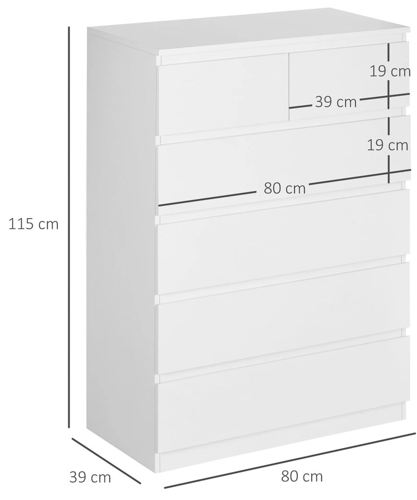 HOMCOM Comodă, Dulap de Depozitare cu 6 Sertare pentru Dormitor, Living, 80x39x115 cm, Alb | Aosom Romania