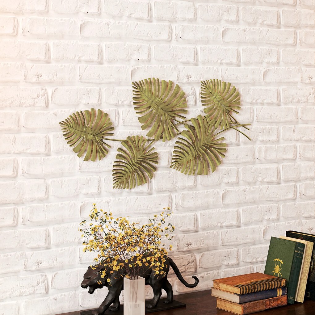HOMCOM Artă Murală cu 5 Frunze de Monstera și Accesorii pentru Montaj Incluse, Decorațiuni Murale din Metal, 83x2.5x39 cm, culoare Aurie | Aosom Romania