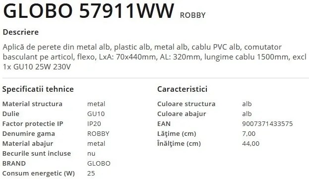 Aplica de perete cu spot directionabil design modern Robby alb