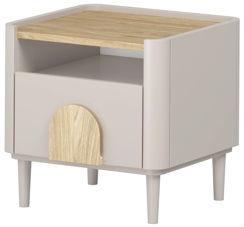 Noptieră Amilio 50 cm pe picioare - cașmir / stejar uleiat / mânere stejar deschis