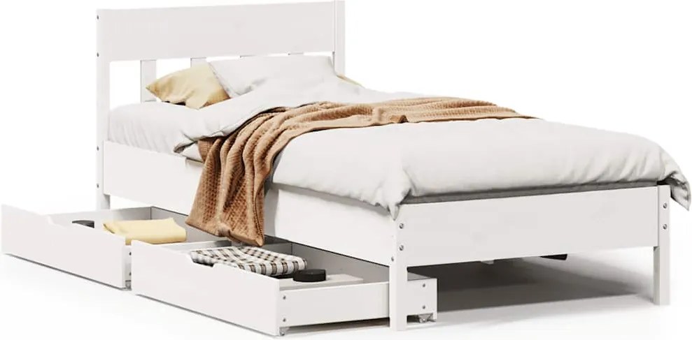 vidaXL Cadru pat fără saltea, alb, 100x200 cm, lemn masiv pin