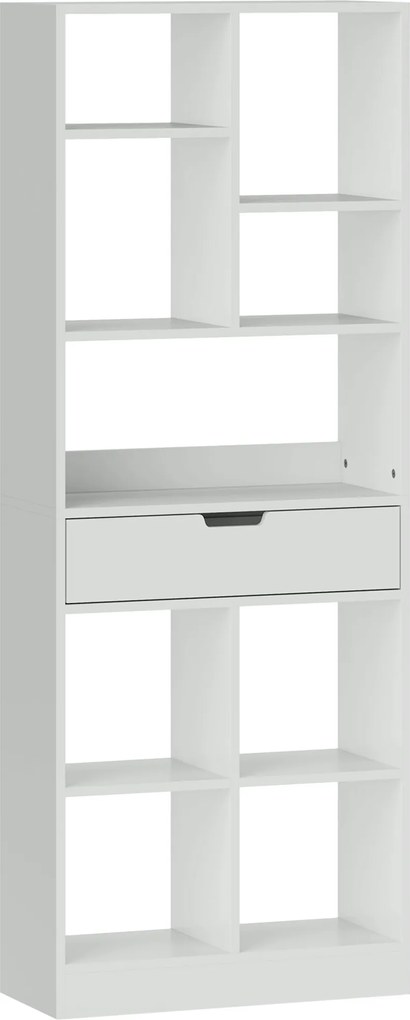 HOMCOM Raft pentru cărți, raft multifuncțional, 9 compartimente, sertar, protecție la răsturnare, 60 x 26 x 158 cm, alb | Aosom Romania