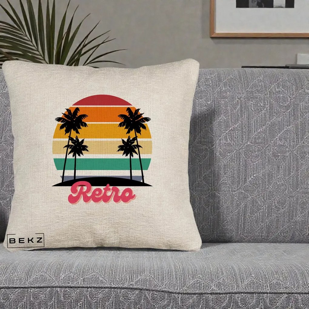 Perna Decorativa Retro Sunset Palmieri, 40x40 cm, Bej Canapea, Husa Detasabila, Perna Inclusa, BEKZ®
