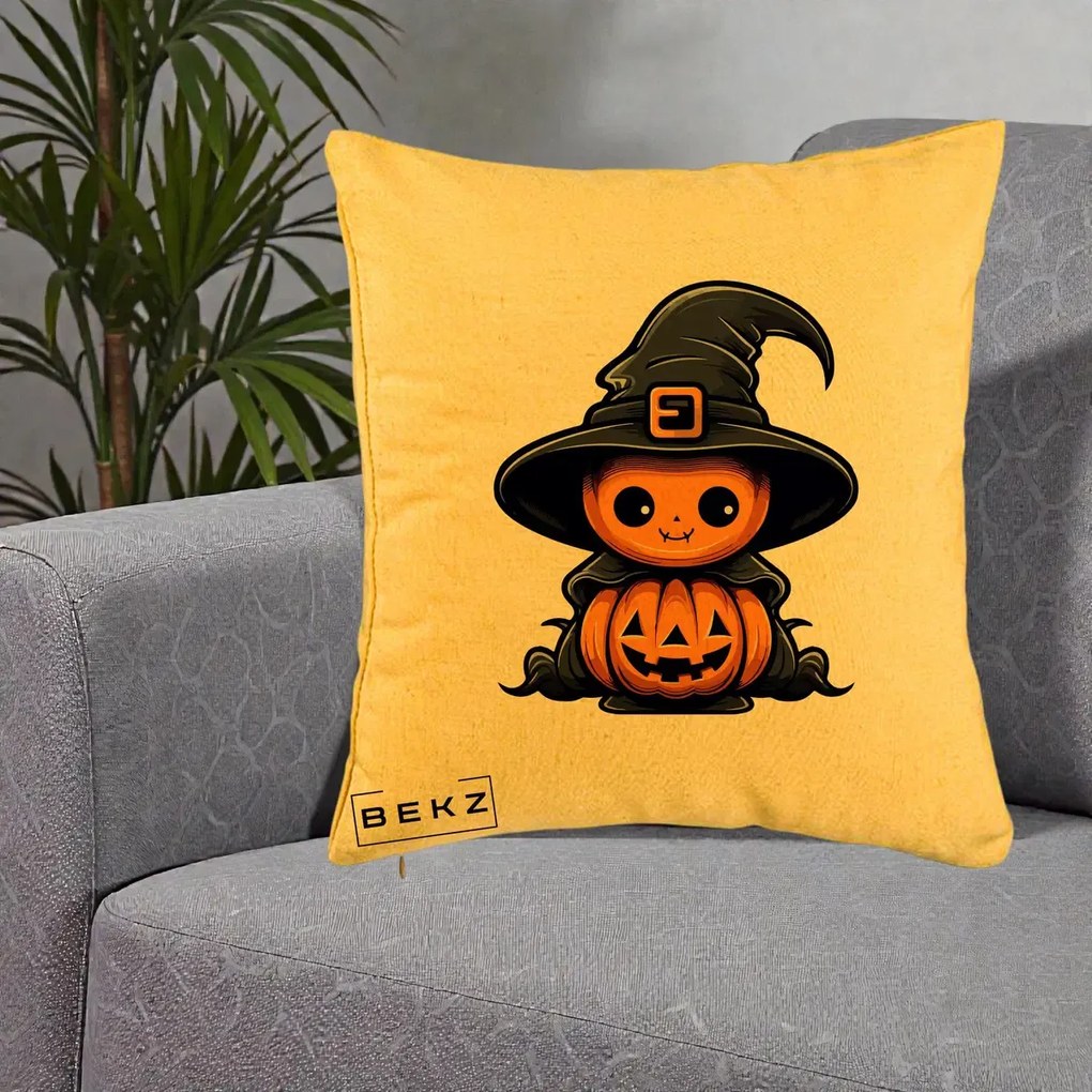 Perna Decorativa Halloween Dovleac Vrajitor Kawaii, 40x40 cm, Galben, Husa Detasabila, Perna Inclusa, BEKZ®