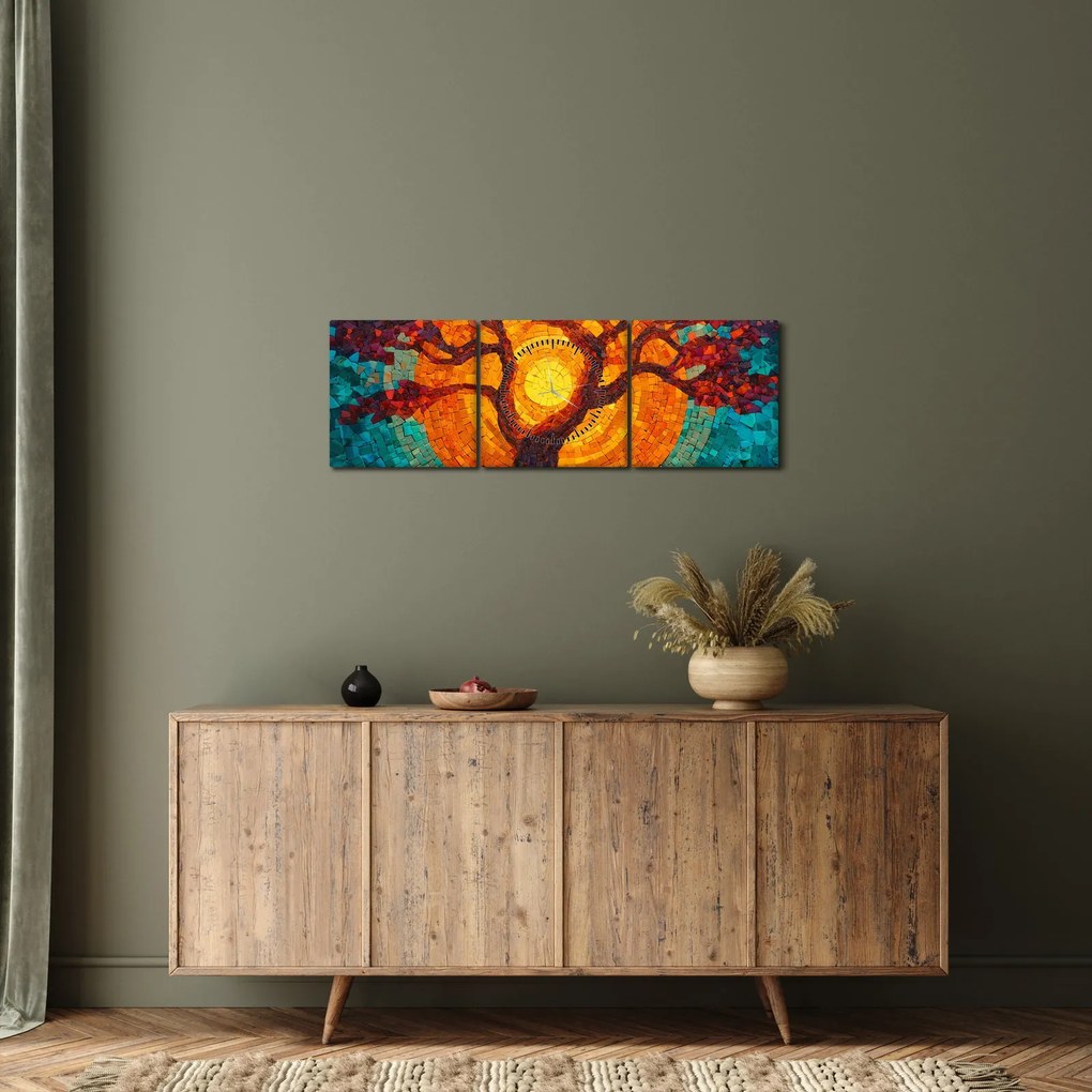 Tablou - Arborele vieții și soarele în mozaic (cu ceas) (90x30 cm)