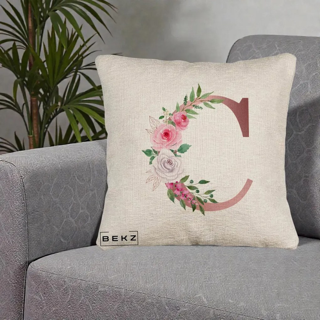 Cadou Personalizat - Perna Personalizata Monograma Rose Gold Litera C, 40x40 cm, Bej Canapea, Husa Detasabila, Perna Inclusa, BEKZ®