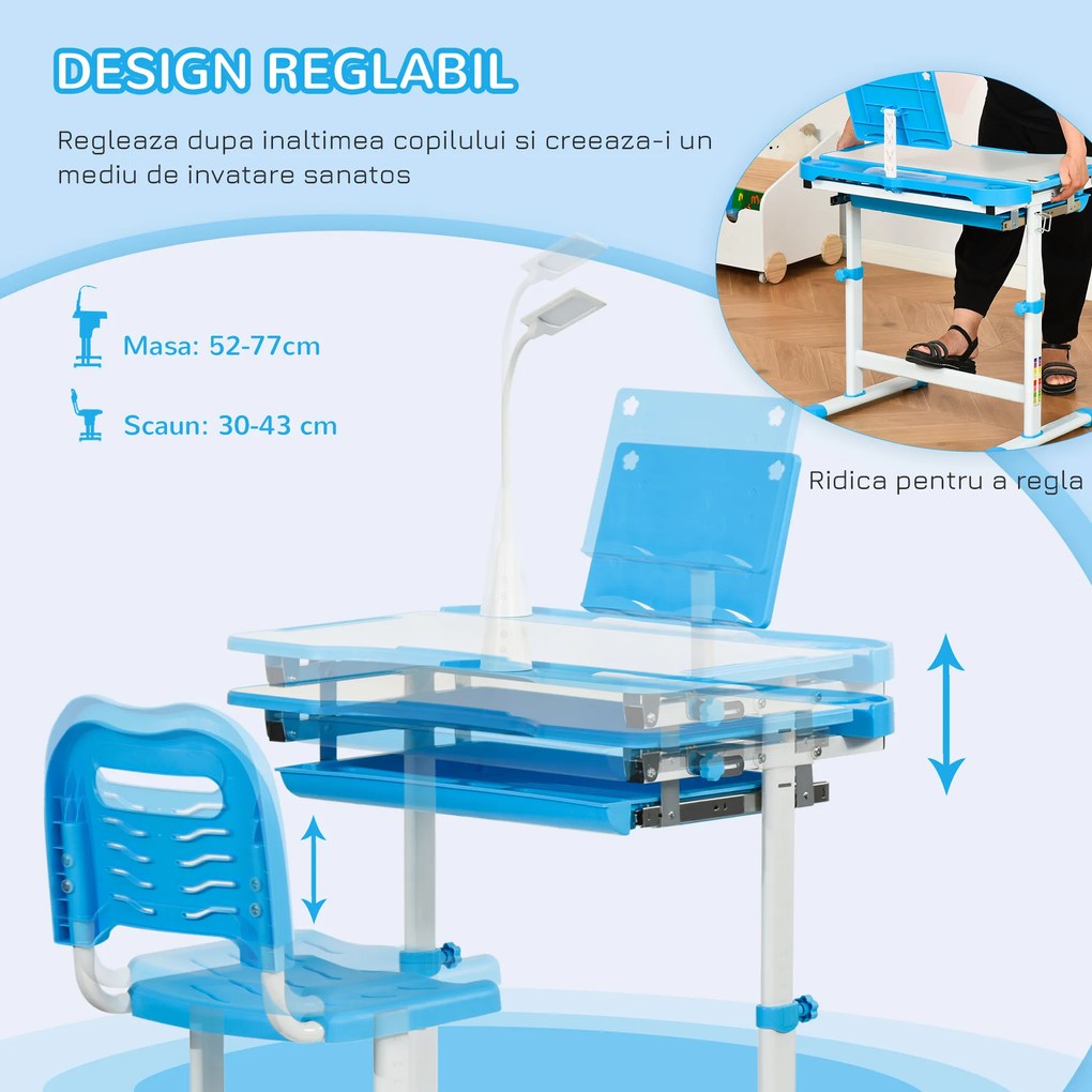 HOMCOM Birou Copii de 6-12 ani cu Lampa, masa cu scaune copii, cu design Ergonomic, Inălțimea Reglabilă, 70x49.5x80-105 cm | Aosom Romania