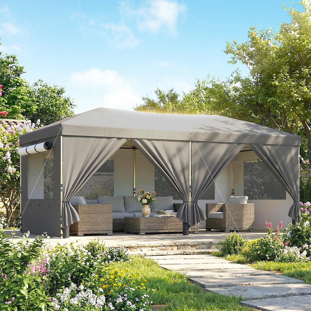 Outsunny Foișor Pliabil 3x6m Pop-Up cu 6 Pereți Laterali, Foișor de Grădină Reglabil pe Înălțime cu Saci de Nisip, Geantă cu Roți, UV50+ pentru Exterior, Gri Închis | Aosom Romania