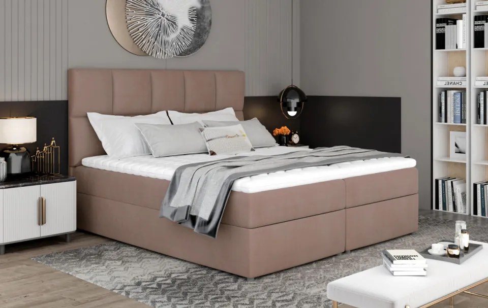 Pat boxspring, tapitat, cu spatiu pentru depozitare, 165x210 cm, Glossy, Eltap (Culoare: Omega 68 / Galben auriu)