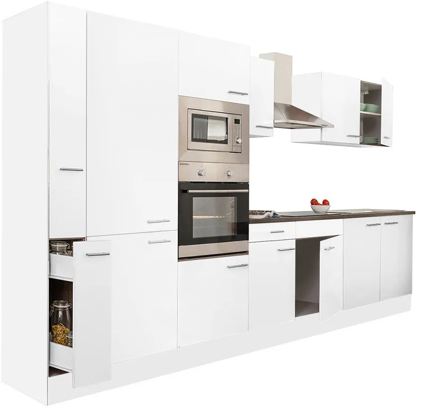 Mobilă de bucătărie Yorki 360, corp alb, față alb satinat cu dulap cu raft