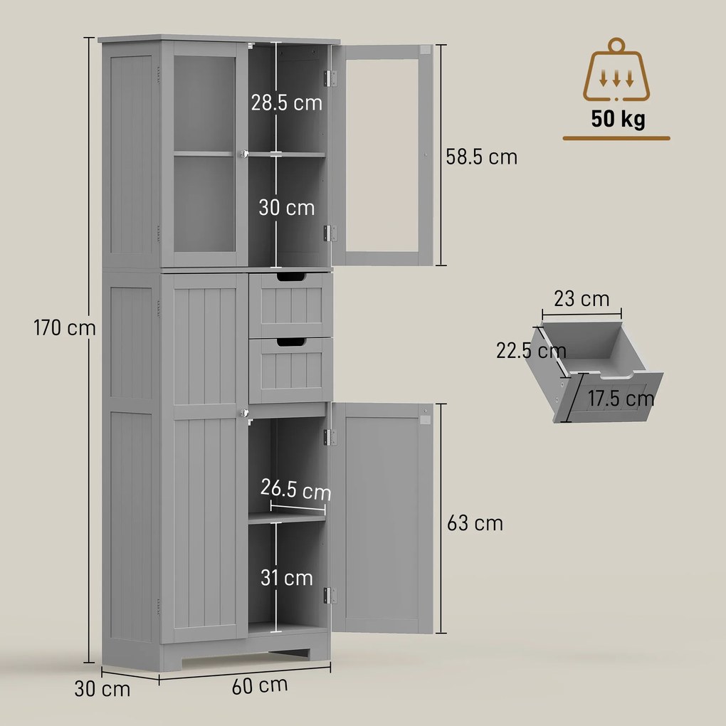 HOMCOM Dulap înalt pentru baie, mobilier de depozitare cu 4 uși dintre care 2 vitrate, 2 sertare și polițe reglabile, alb | Aosom Romania
