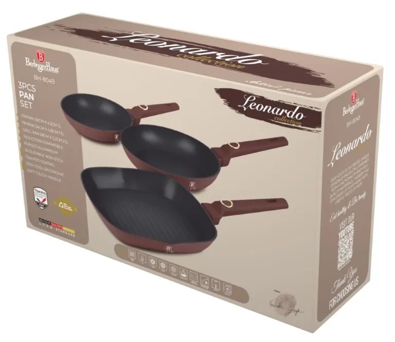 Set 3 tigai Leonardo Collection Berlinger Haus BH 8049, antiaderente, strat titan, visiniu mat, (cu tigaie grill)