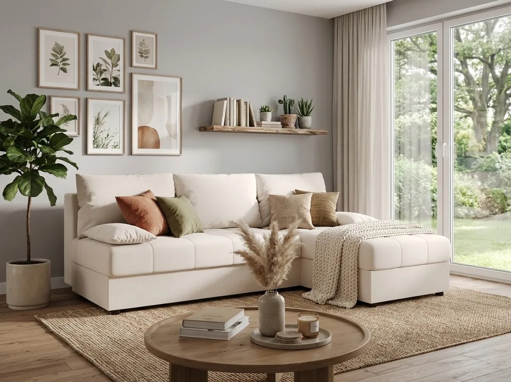 Coltar extensibil de colt VENORIA SLIM, crem, reversibil, 200x143 cm + 2 perne GRATUIT