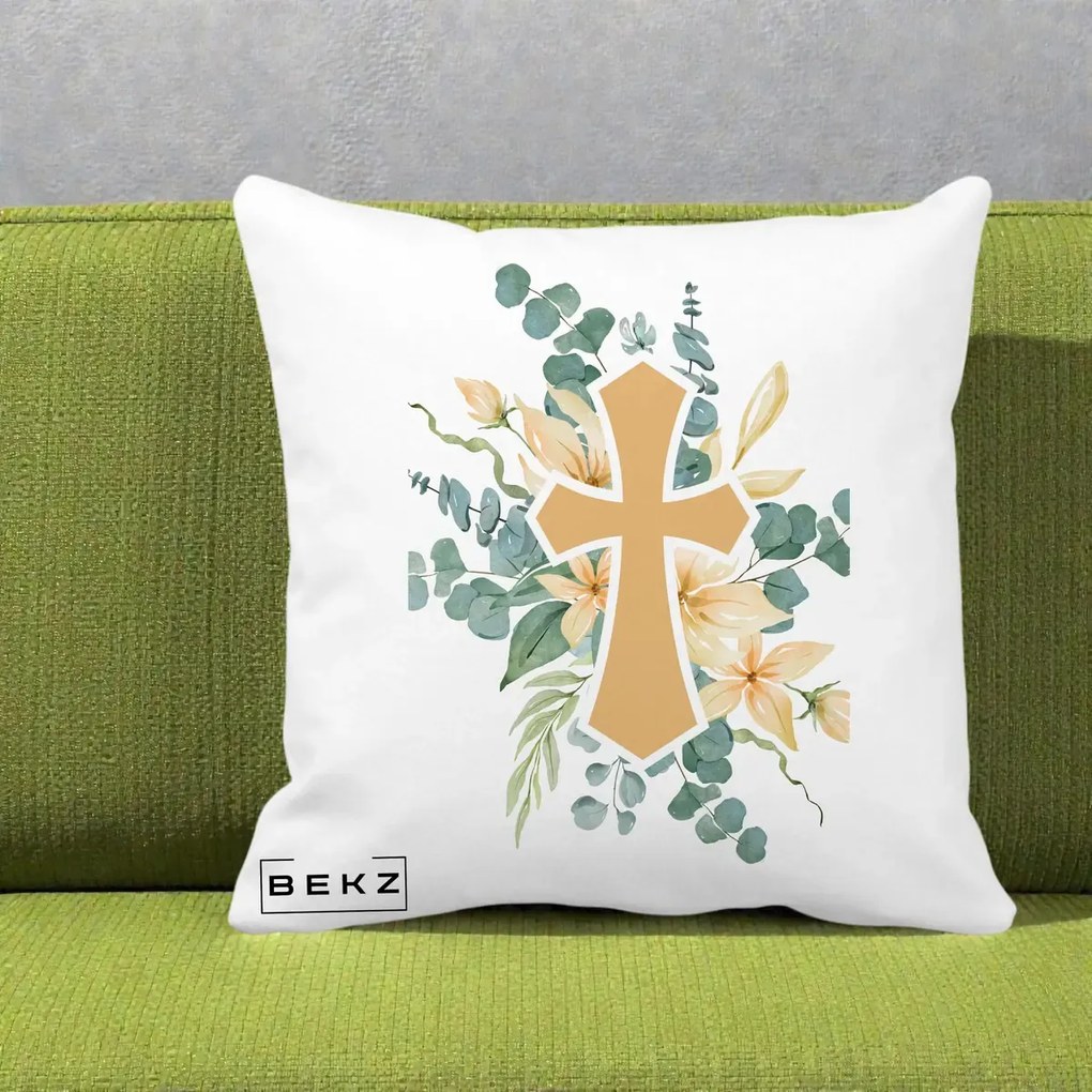 Perna Personalizata Cruce Florala Botez, 40x40 cm, Alba Mata, Husa Detasabila, Perna Inclusa, BEKZ®