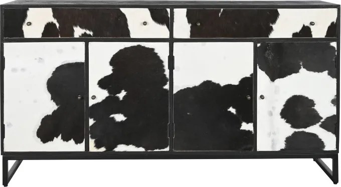 Bufet din lemn de mango și metal, negru, cu 4 uși și 2 sertare din piele de vacă cu păr, finisaj mat, 90 x 172 x 45 cm, „Vachette”