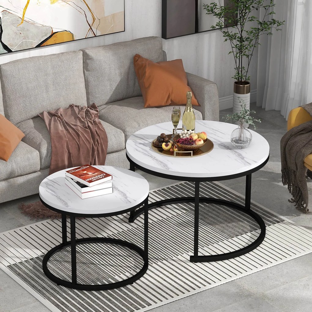 Set de 2 Măsuțe de Cafea Moderne Rotunde Suprapozabile din MDF cu Structură din Metal, Design Economisire Spațiu, 50x70,5 cm+45,5x44 cm, culoare marmură