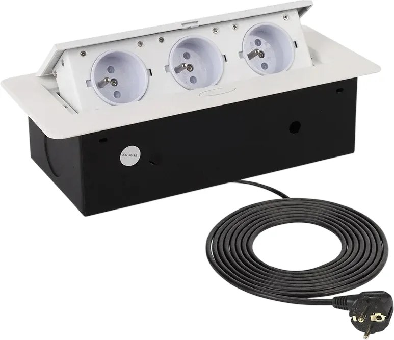Priză încorporabilă în blat Kombibox Design Light, 3 prize Schuko, alb, 266 x 133 mm Metal, Alb, L:266 mm; l:133 mm