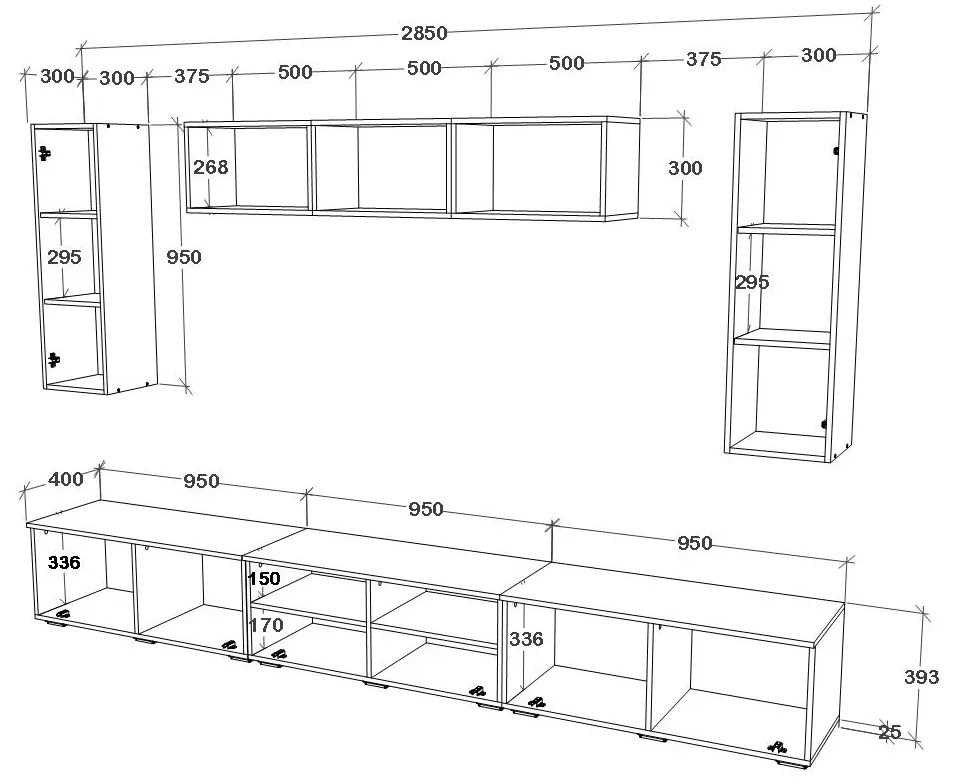 Living Kos V2, Negru/Alb Lucios, MDF, L 285 cm