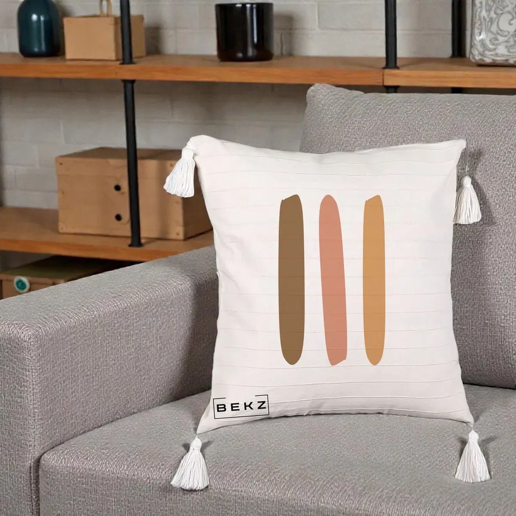 Perna Decorativa Abstract Linii Terracotta, 40x40 cm, Bej cu Franjuri, Husa Detasabila, Perna Inclusa, BEKZ®