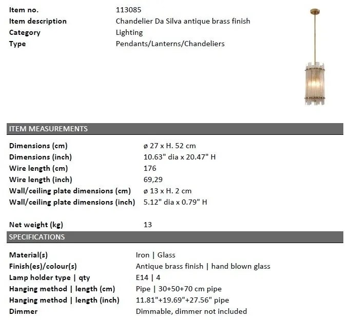 Lustra suspendata design LUX Da Silva, alama antic 113085 HZ