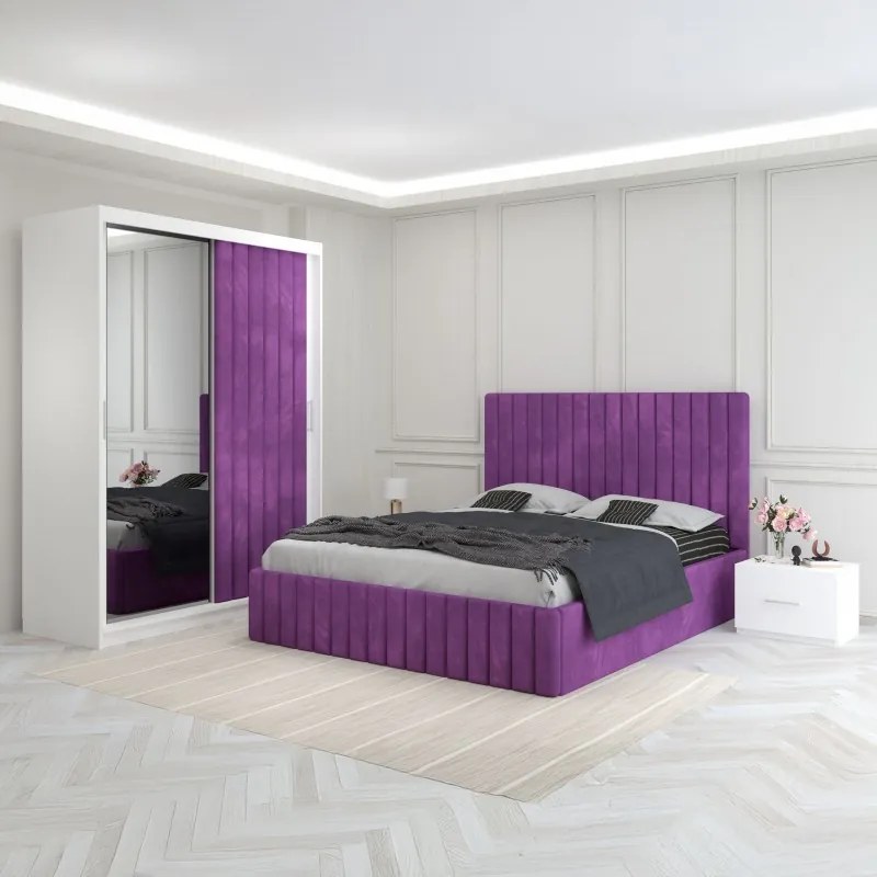 Set Mobila De Dormitor Luca Mov, pat tapitat 160x200cm,  dulap cu oglinda 150x210cm, noptiere