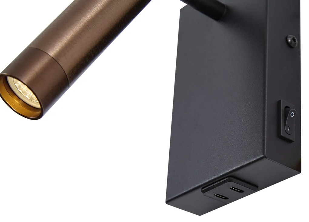 Lampă de perete modernă neagră cu bronz închis reglabilă cu USB-C - Croft