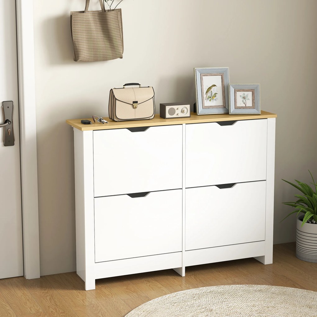 HOMCOM Pantofar Modern pentru max. 16 Perechi, cu 4 Sertare Reglabile și Detașabile, din Lemn, 105x26x80 cm, Alb | Aosom Romania