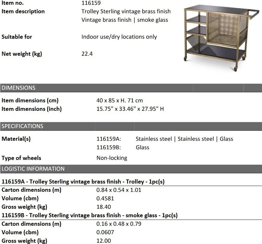 Gheridon, Masuta cu roti design LUX Sterling