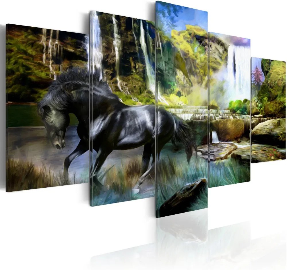 Tablou Bimago - Black horse on the background of paradise waterfall 100x50 cm
