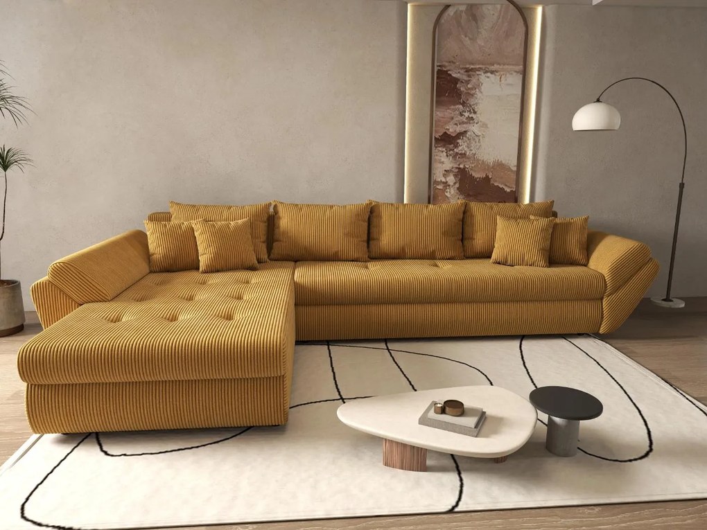 Colțar extensibil dumonde cu ladă de depozitare si sezut confortabil din spuma high-density, Loana XL Zoom Mustar 335x185 cm