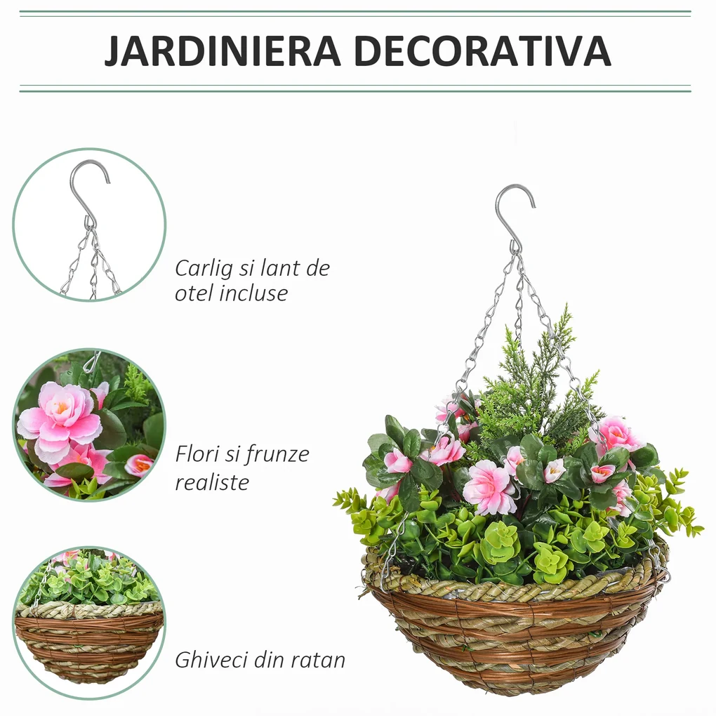 Outsunny Set 2 Ghivece de Agățat cu Plante Artificiale Lisianthus, Suport din Răchită și Bază de Ciment, Ф25x34cm | Aosom Romania
