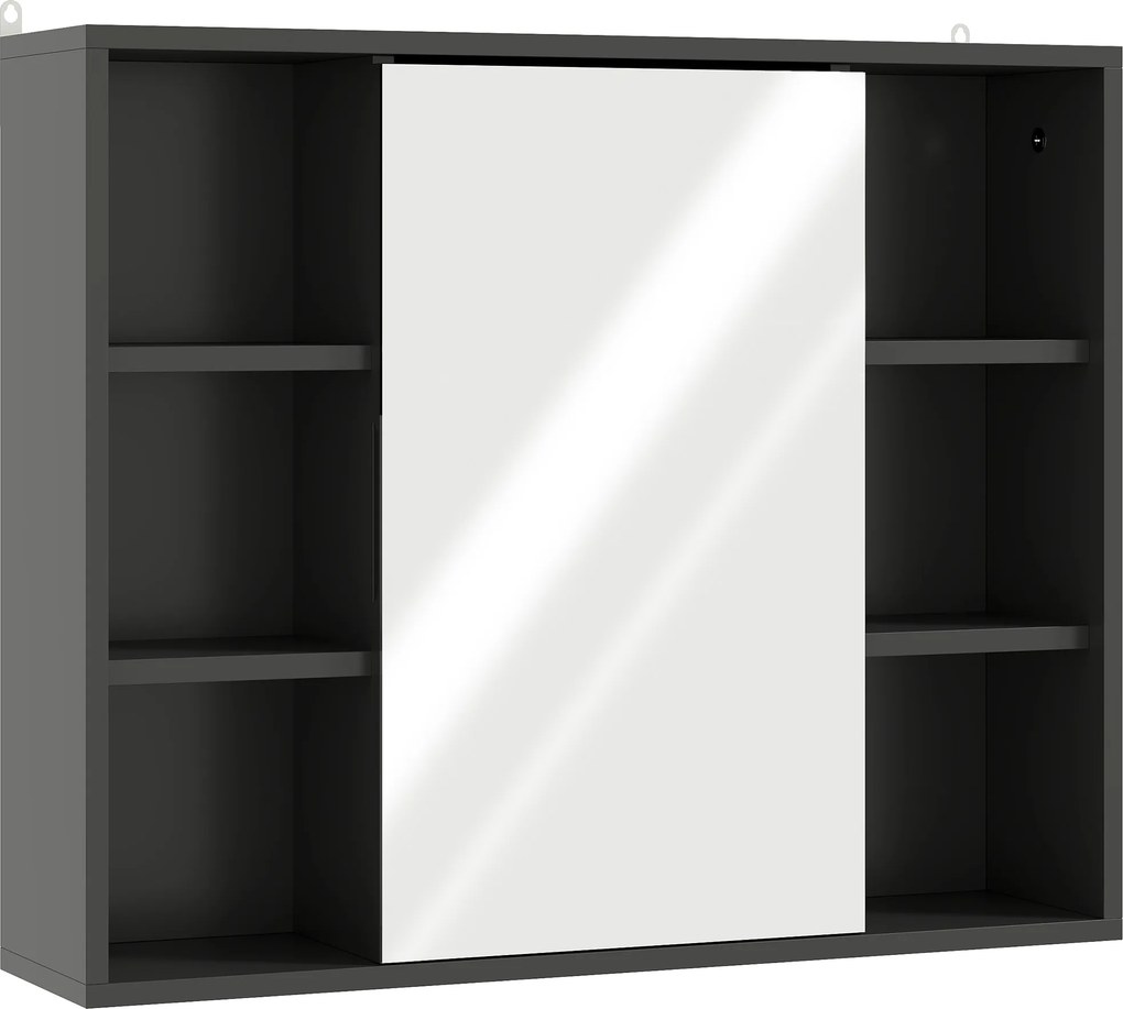 HOMCOM Dulap cu Oglindă pentru Baie, 3 Rafturi Laterale, Raft Reglabil, MDF și PAL, 60x14,5x49,4 cm, Negru și Lemn Natur | Aosom Romania