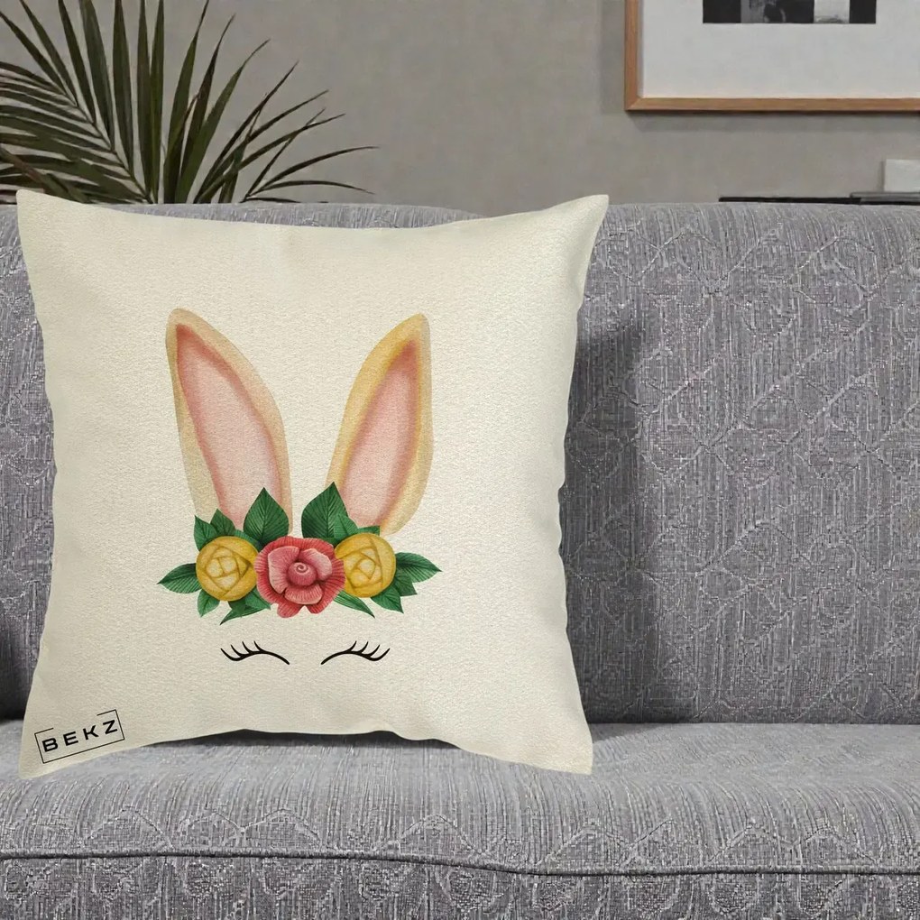 Perna Decorativa Iepuras Flori Urechi Pastelui, 40x40 cm, Ecru, Husa Detasabila, Perna Inclusa, BEKZ®
