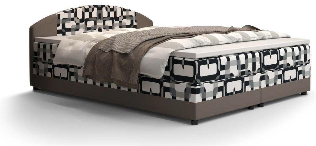Pat matrimonial Boxspring 140 cm Orlando Comfort (Motiv + maro deschis) (cu saltea și sp. depozitare). 1056252