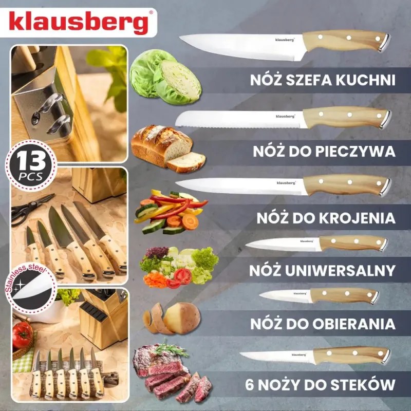 Set de cuțite de bucătărie Klausberg KB 9038, 13 piese, ascuțitor încorporat, oțel inoxidabil, suport, maro