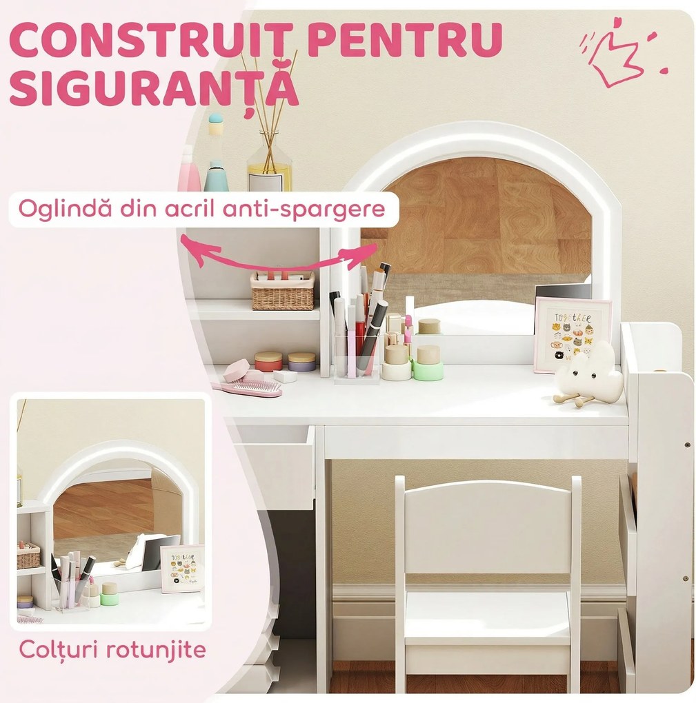 AIYAPLAY Set Măsuță de Toaletă pentru Copii, cu Oglindă și Scaun | Aosom Romania