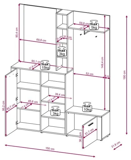 Panou pentru hol KEVIN cu oglindă, maro/alb