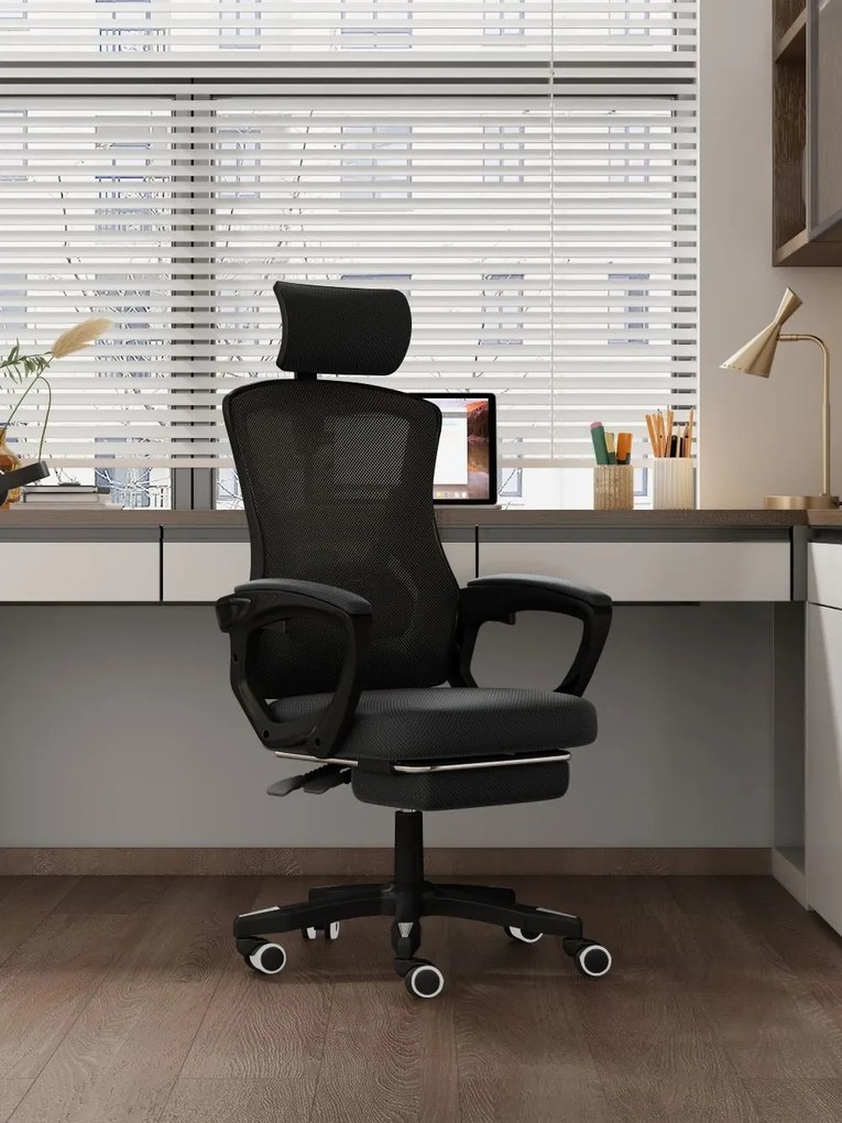 Scaun ergonomic cu suport lombar, pivotant 360°, tetieră reglabilă, suport pentru picioare, Mesh, Negru