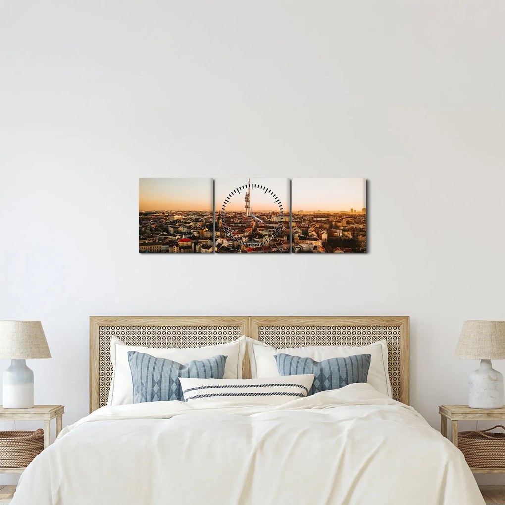 Tablou apusului de soare deasupra orașului Zizkov (cu ceas) (90x30 cm)