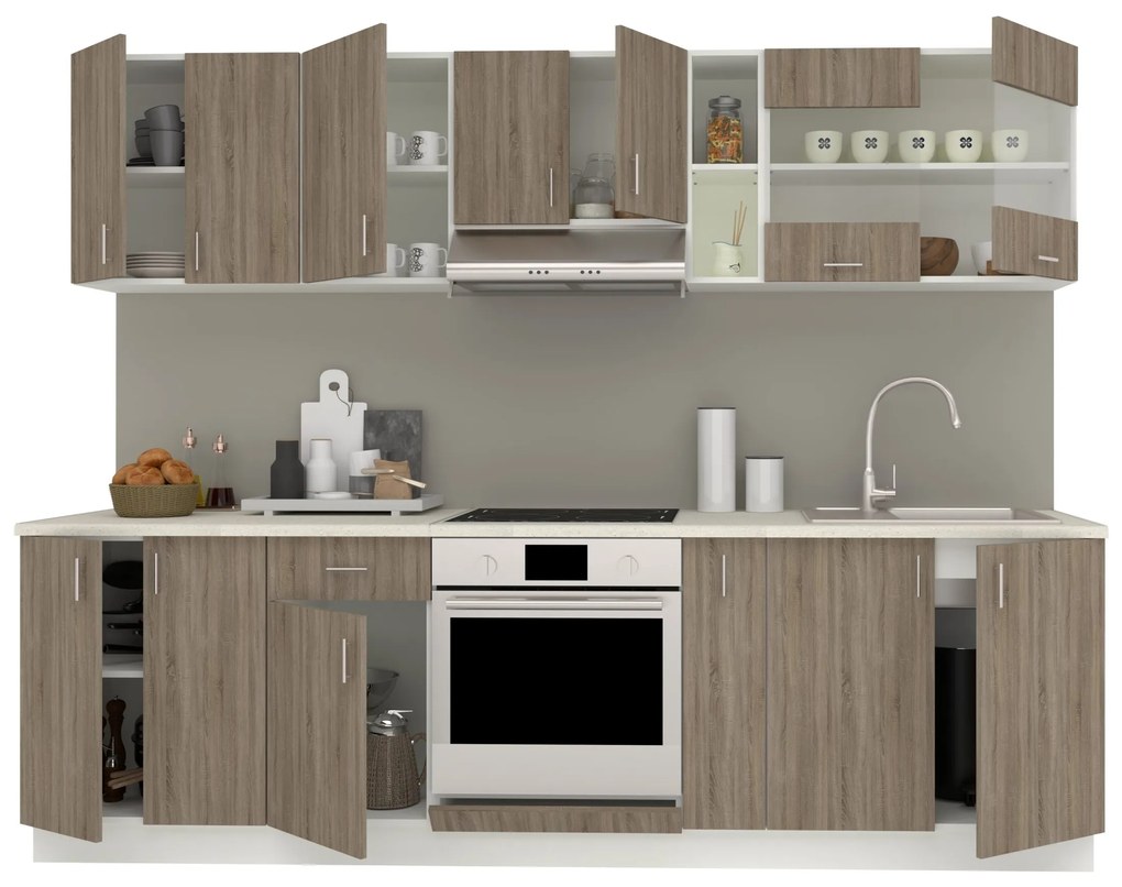 Set Bucatarie Karo V19, Stejar Sonoma Inchis/Alb, Blat Thermo 28 mm, L 260 cm