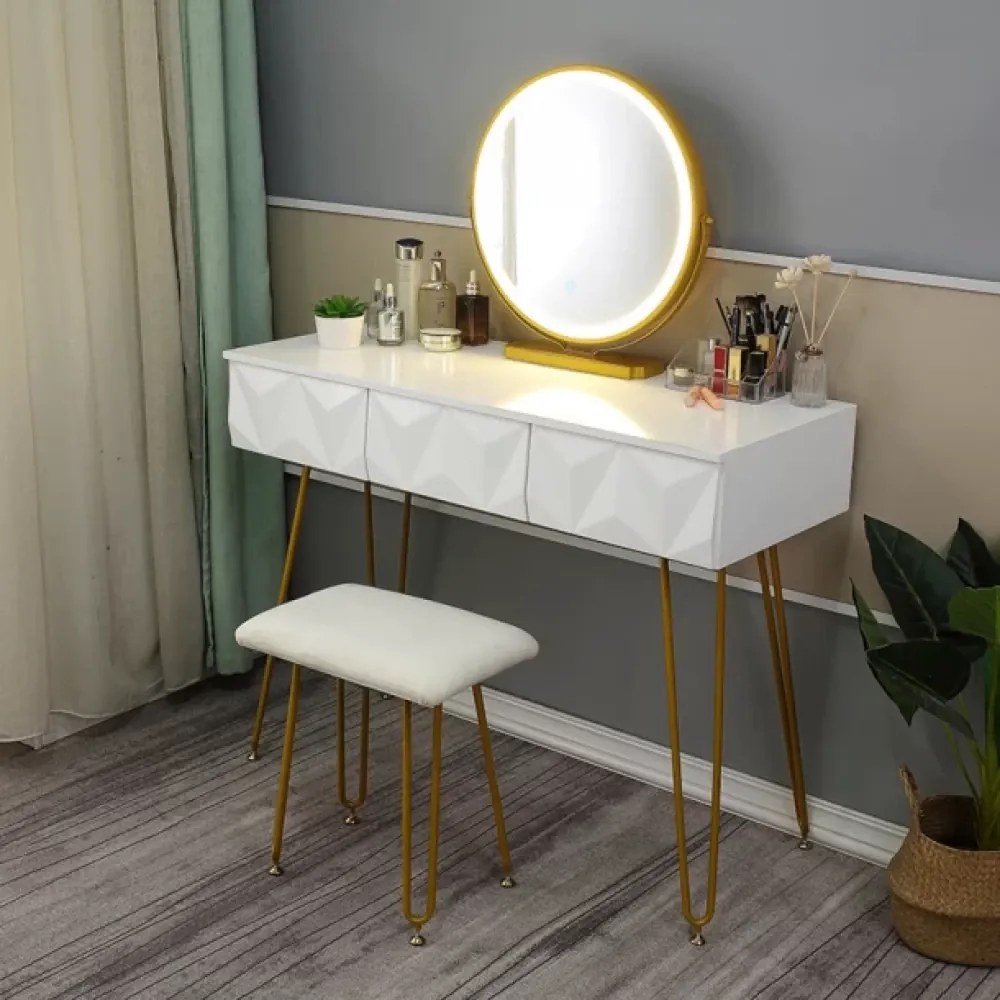 RESIGILAT Set TABOR, Masa de toaleta pentru machiaj, cu oglinda iluminata banda LED, 3 sertare, scaun, Alb, 100 cm
