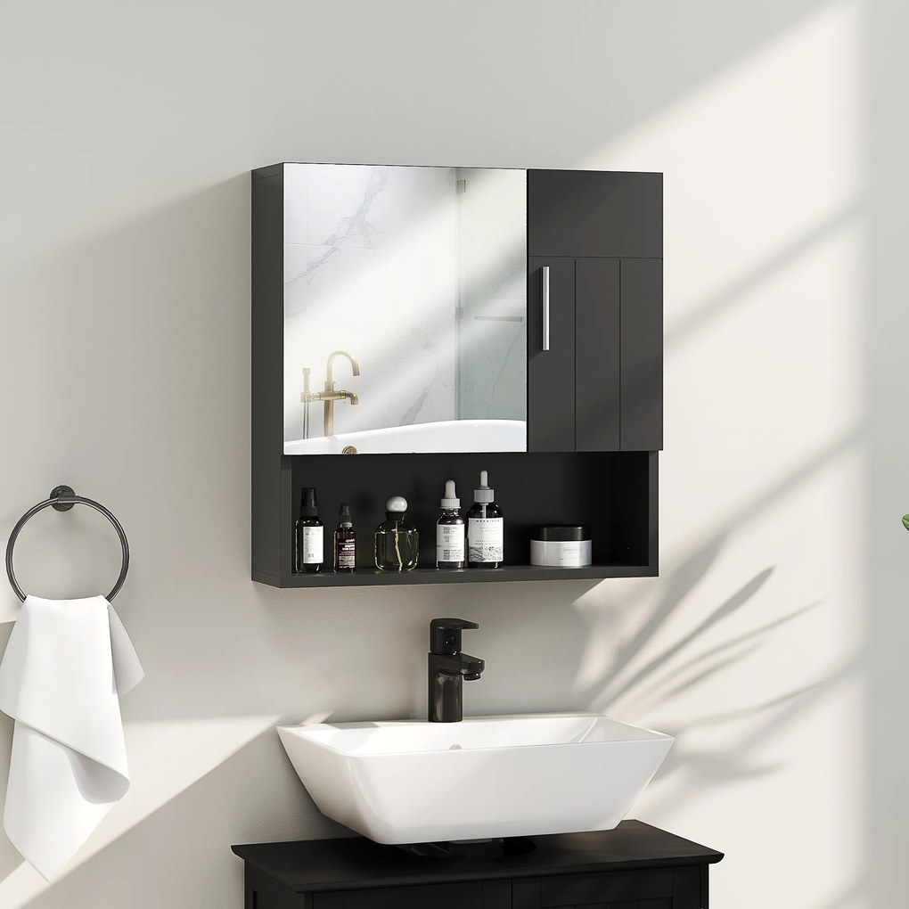 kleankin Dulap cu Oglindă pentru Baie 2 Uși și Raft Deschis 54x15.2x55.3 cm Negru | Aosom Romania