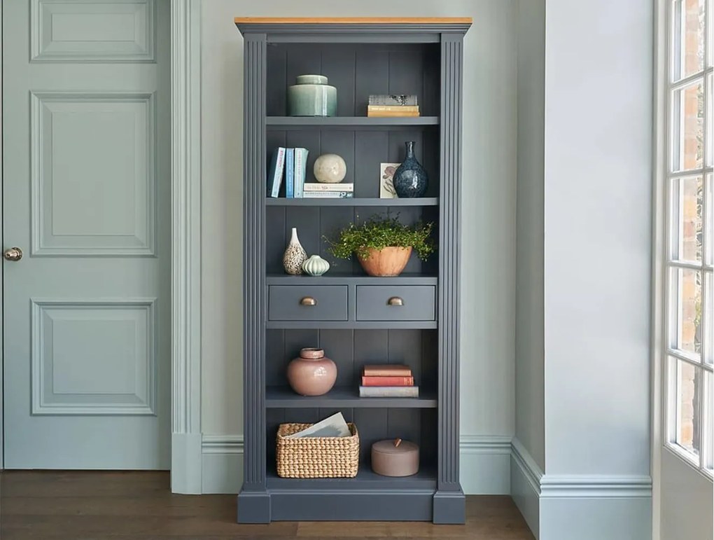 Bibliotecă lemn masiv natur London Albastru/, 90 × 33 × 200 cm
