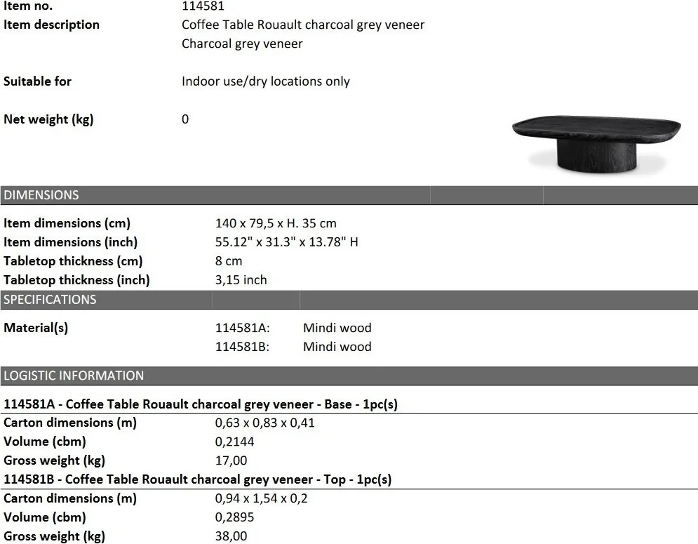 Masuta de cafea design LUX Rouault, 140x78,5cm