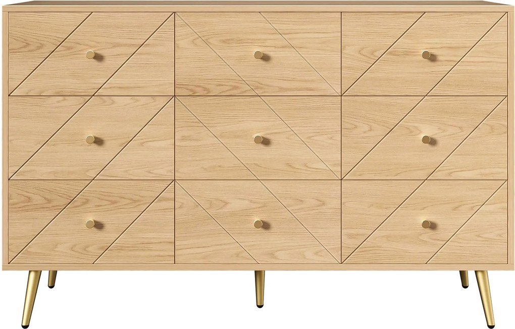 Comodă cu 9 sertare, cu mult spațiu de depozitare, modele geometrice, 120x39x80 cm, Culoare naturală