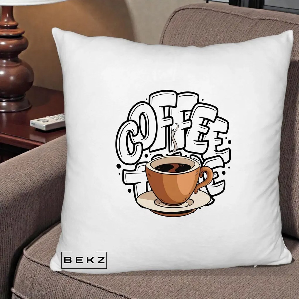 Perna Personalizata COFFEE cu Cana, 40x40 cm, Alb Pufos, Husa Detasabila, Perna Inclusa, BEKZ®
