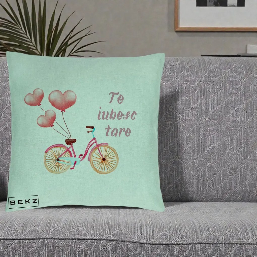 Perna Decorativa Te Iubesc Tare cu Bicicleta Roz si Baloane Inima, 40x40 cm, Verde Menta, Husa Detasabila, Perna Inclusa, BEKZ®