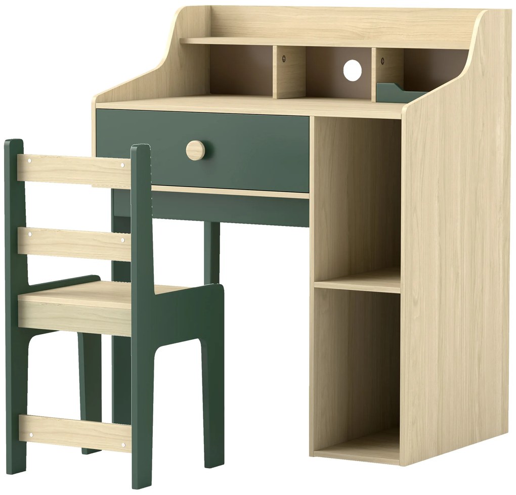AIYAPLAY Set birou și scaun pentru copil cu rafturi de depozitare și sertar, mobilier pentru copii de la 3 la 10 ani, verde | Aosom Romania
